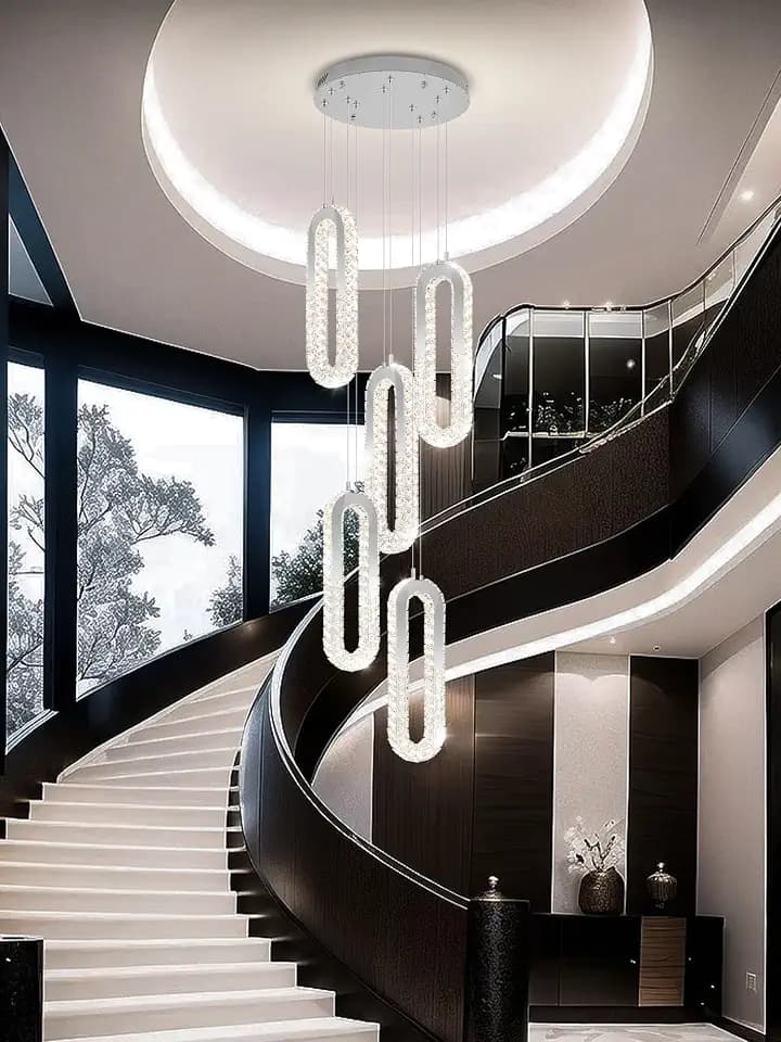 ABTTOL Modern Crystal Chandelier, LED Pendant Light Fixture 5-Ring High Ceiling Chandelier, Silver Crystal Ring Chandeliers for Staircase,Dining Room,Foyer,Living Room 2700K-6000K