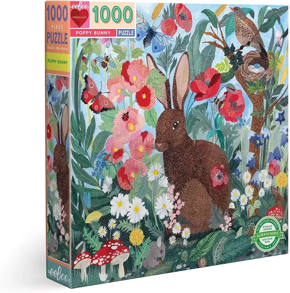 eeBoo 1000 Piece Puzzle - Poppy Bunny Jigsaw Puzzle for Adults, Square 23" x 23" Made with Recycled Board & Vegetable-Based Ink