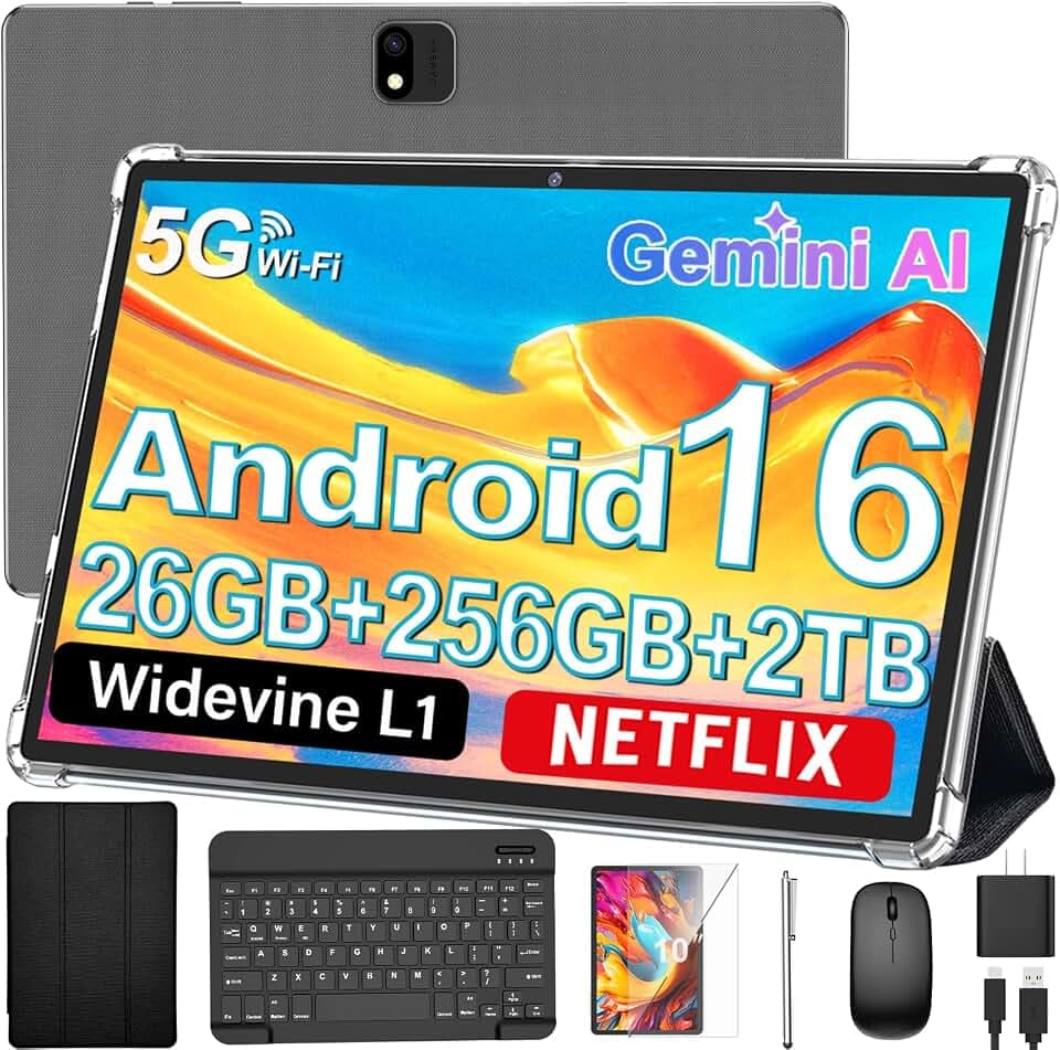Android 16 Tablet with Keyboard - 10 Inch Electronic Tablets, Black Case