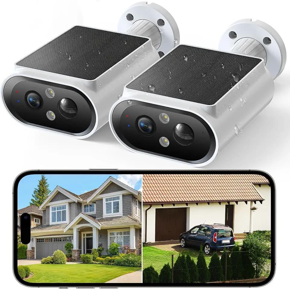 AlkiVision Solar Security Cameras Wireless Outdoor - 2K Night Color Vision Solar Camera, AI Motion Detection, 360° View, Spotlight, 2-Way Audio, Siren, IP67 Waterproof, SD/Cloud Storage, 2Pcs