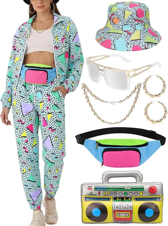 VillbeCoser 80s 90s Outfit for Women Neon Tracksuit Costume Accessories Set