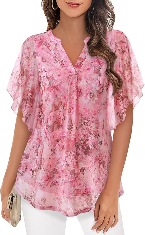 Timeson Women's Short Sleeve V Neck Blouses Shirts Floral Double Layers Mesh Tunics Tops