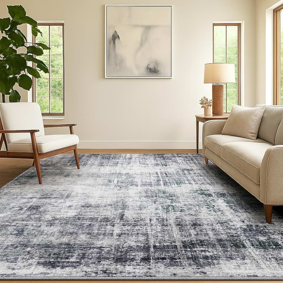 SOANNY Teppich Wohnzimmer, Kurzflor rutschfest, 120x170 cm, Hellgrau