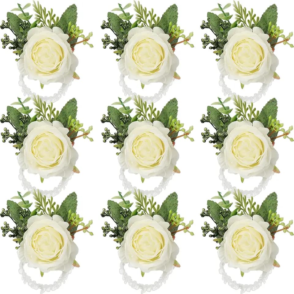 Jexine 12 Pcs Rose Wrist Corsage Bracelet Wedding Bridal, White Elegant