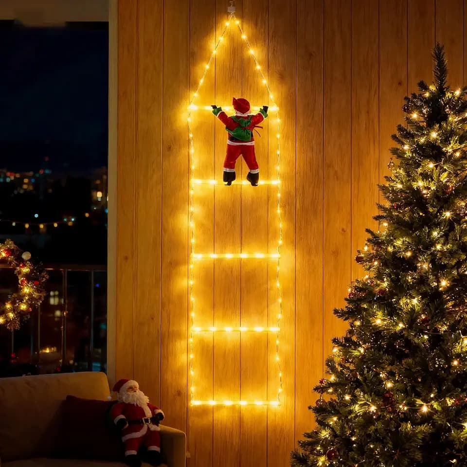 LEDYA 1,25M Leiter Lichterkette mit Weihnachtsmann, 98 LED Weihnachtsbeleuchtung Strombetrieben mit Timer, Speicherfunktion, 8 Modi für Innen- & Außen Weihnachtsbaum Fenster Weihnachten Deko, Warmweiß