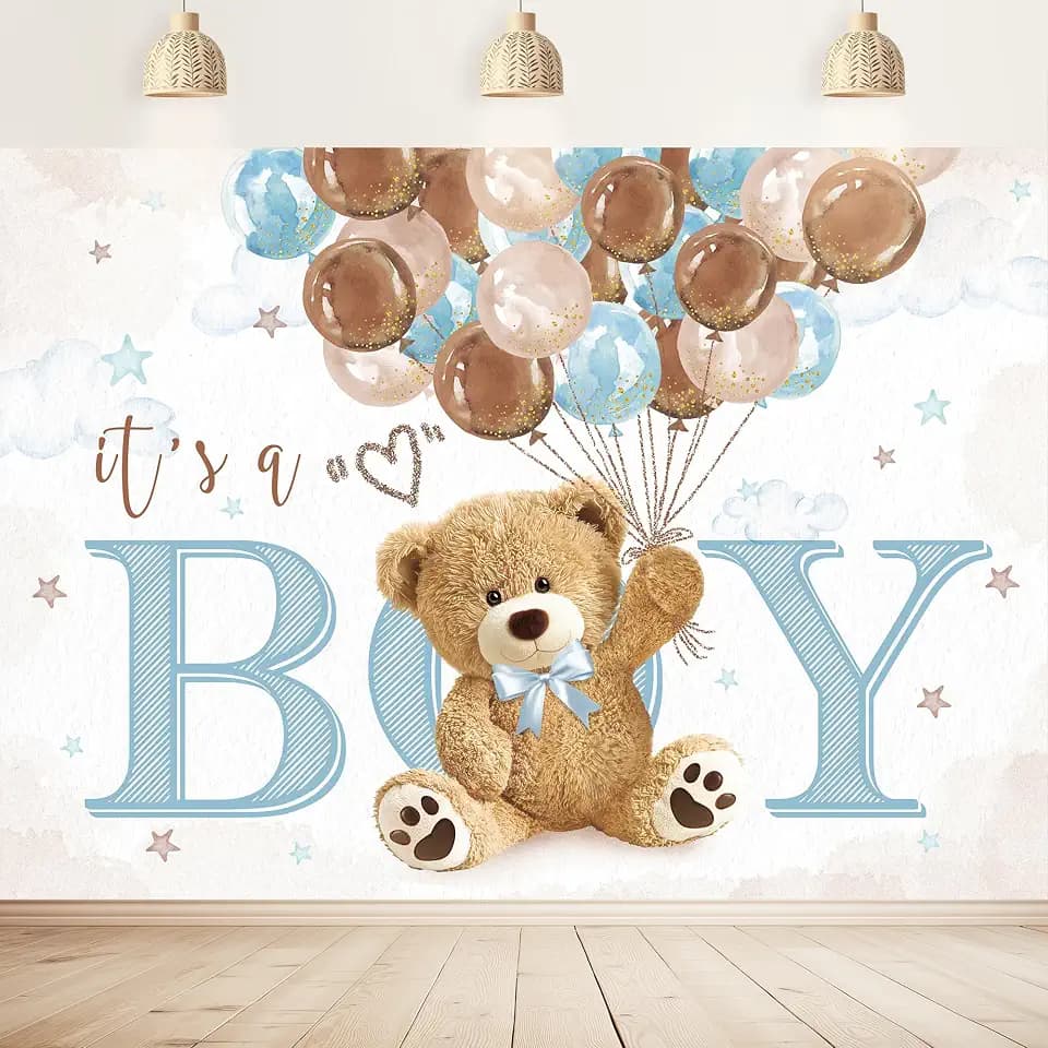 Boys Bear Baby Shower Backdrop Party Decorations Lovely Cute Blue Brown