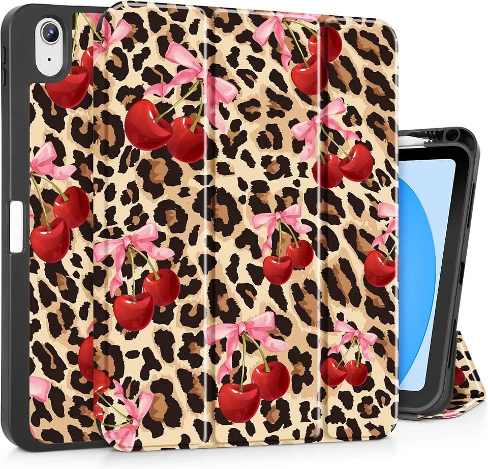 May Chen for iPad (A16) 11th Generation Case 11 Inch 2025, iPad 10th Gen Case 2022 10.9 inch, Trifold Stand with Auto Wake/Sleep Soft TPU Protective Stand Back Cover, Cherry & Cheetah