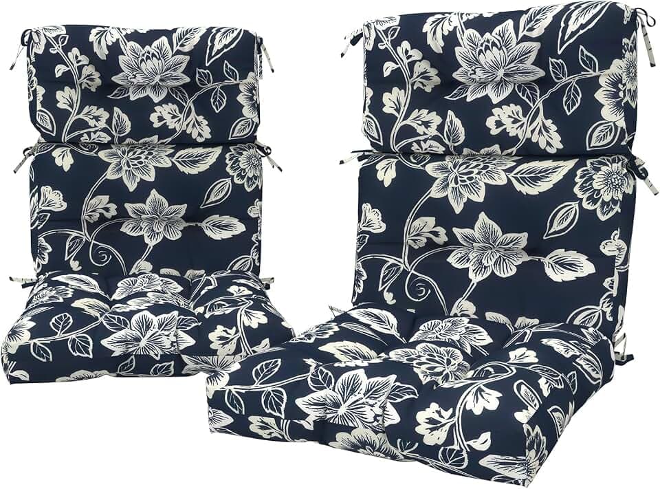 LVTXIII 2 Pack Outdoor High Back Cushions, 22" W x 20" D Tufted Seat and Back Chair Cushion with Ties, Fluffy Patio Replacement Rocking Chair Cushion for Outdoor Furniture Use, Elegant Vines Navy