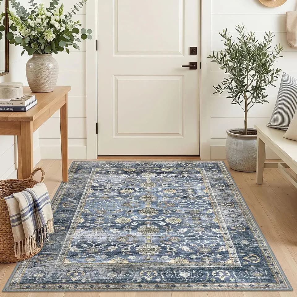 KUTA Vintage Area Rug 4x5 Washable Entryway Rug Blue Grey Beige
