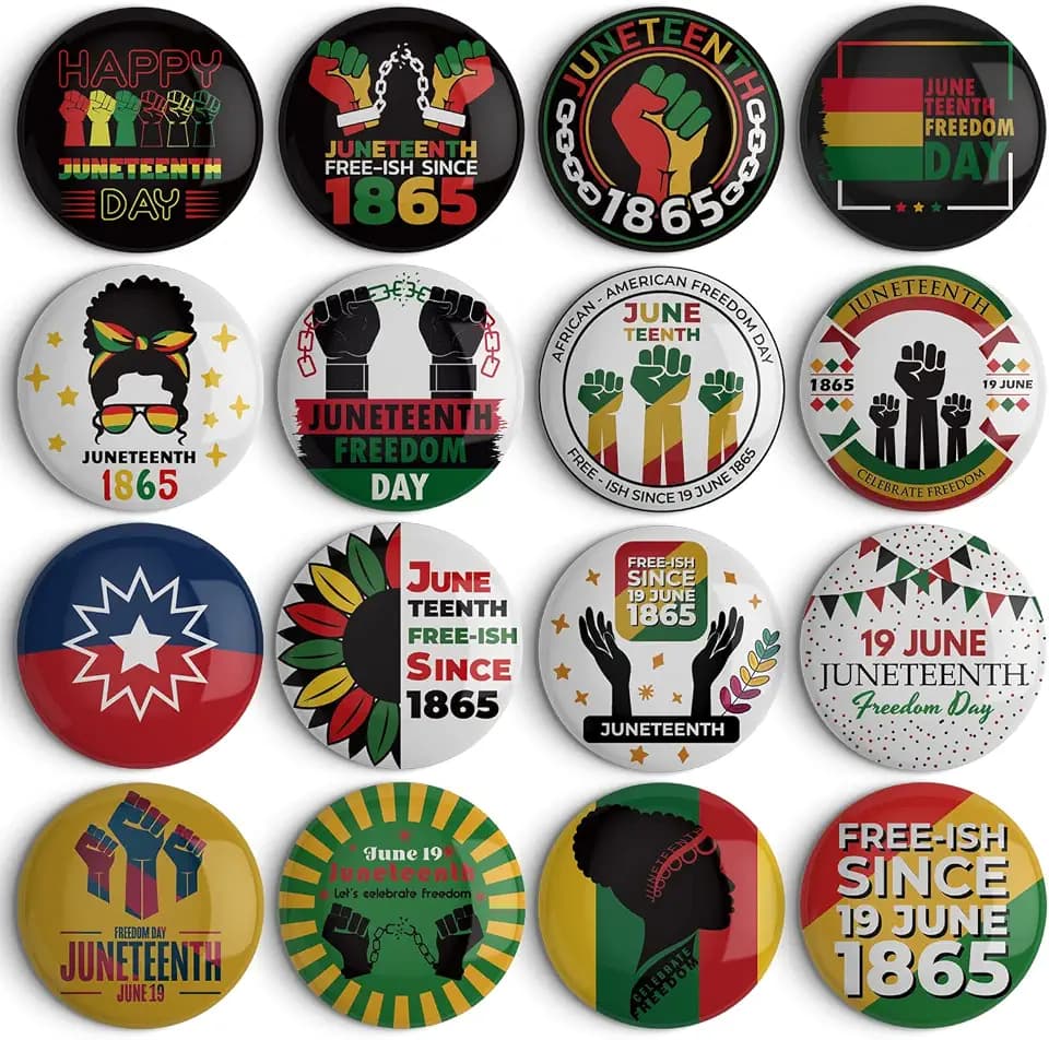 48Pcs Juneteenth Buttons, 4.4cm (1.73 Inch), Happy Juneteenth Badges Pins Bulk, Freedom Day June 19th 1865 Party Favors Supplies Bag Stuffers Fillers, Black African American Juneteenth Gifts