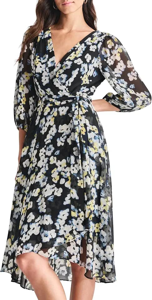 DKNY Women's Chiffon Balloon Sleeve Faux Wrap Midi Dress with High-Low Hem
