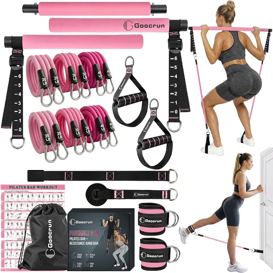 Goocrun Tragbares Pilates-Stangenset von mit Widerstandsbändern für Männer und Frauen – 3er-Set Übungsbänder – Heim-Fitnessstudio, Workout-Set zur Körperstraffung – mit Fitness-Poster und Video