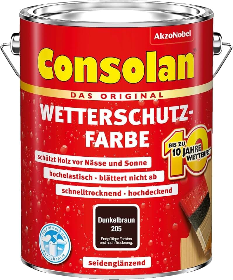 Consolan Wetterschutzfarbe, Deckender Holzschutz für Außen, Dunkelbraun, 5L
