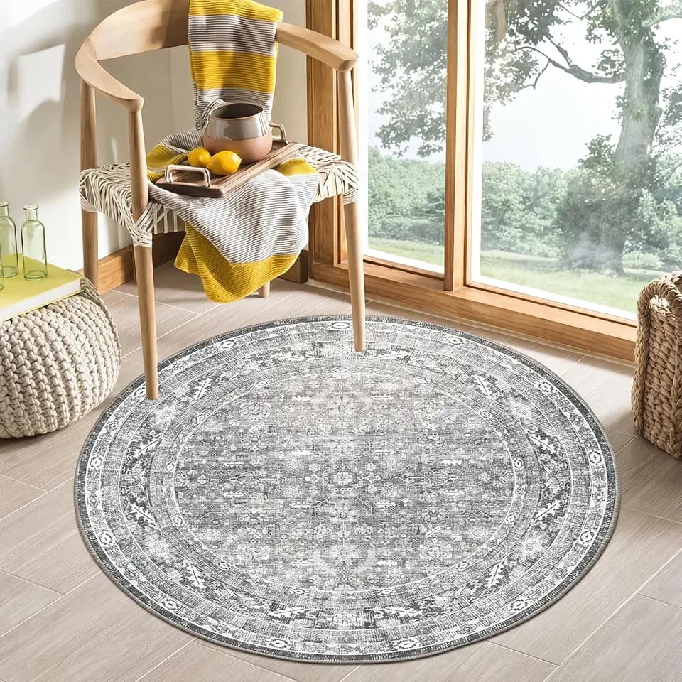 OPPODREAM Vintage Grey Area Rugs 4' Round, Washable Rug for Living Room
