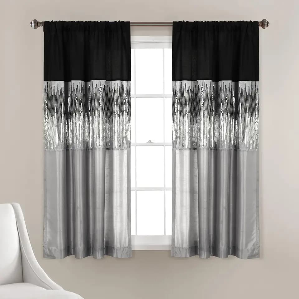 Lush Decor Night Sky Window Curtain Panel, Single 42"W x 63"L Black & Gray - Sequin Backdrop Curtain - Room Darkening Curtains For Bedroom - Glam Decor