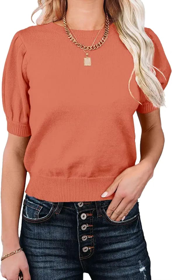 Womens Puff Short Sleeve Sweater Tops Crewneck Basic Knit Pullover Lightweight Casual Sweaters