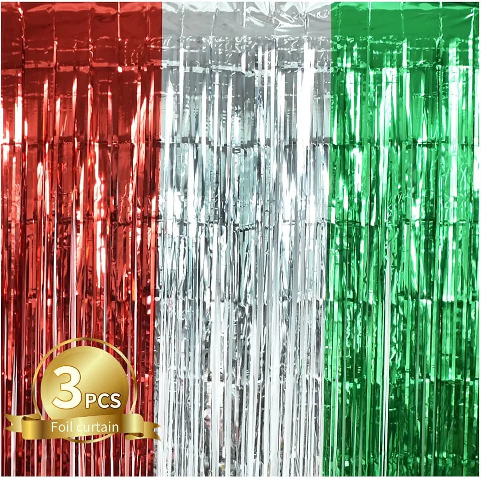 TONIFUL 3Pcs Red Silver Green Door Streamers,Photo Booth Backdrop Metallic Streamers Foil Fringe Curtains for Birthday,Christmas,New Year,Bachelorette,Grad Party Streamers Decor(9.9ft x 6.6ft)