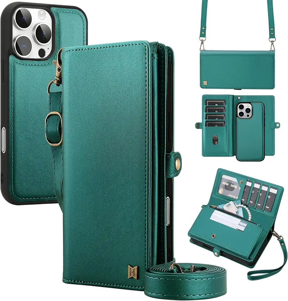 for Wallet Case Compatible with iPhone 16 Pro Max,Multi-Function Detachable 2 in 1 Magnetic iPhone 16 Pro Max Case Wallet,Flip Strap Zipper Card Holder Phone Case with Shoulder Straps (Green)
