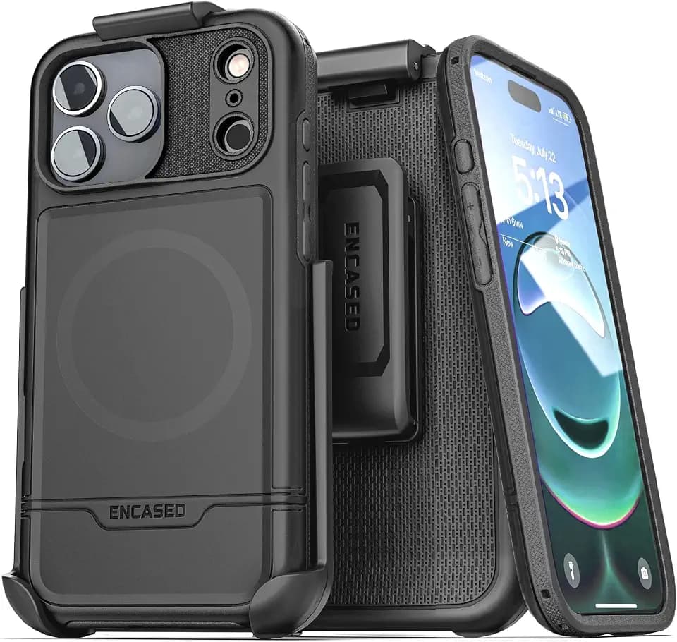Encased for iPhone 17 Pro Max Phone Case with Belt Clip, (Rebel Armor) Protective Case with Camera Control Button and Holster (Compatible with MagSafe) Black