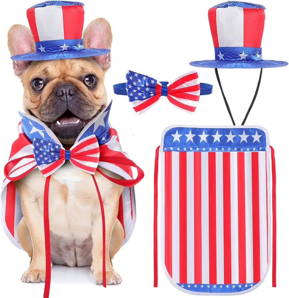 JaGely 3 Pcs 4th of July Dog Outfit Memorial Day Dog Costume Set Includes Top Hat, American Flag Bow Tie Collar and Cape Patriotic Pet Outfit for Dogs Cats Puppy Kitten(S,Classic)
