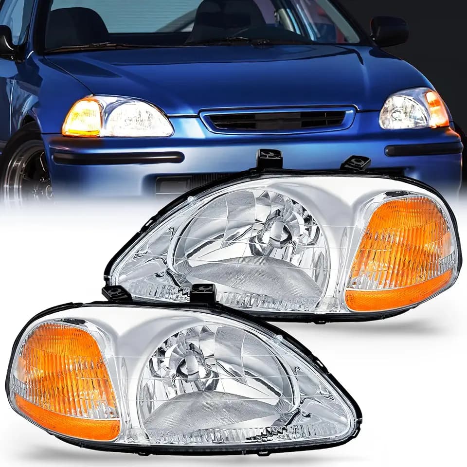 Nilight Headlight Assembly Compatible with 1996 1997 1998 Honda Civic Headlamps Replacement Chrome Housing Amber Reflector Upgraded Clear Lens Driver and Passenger Side