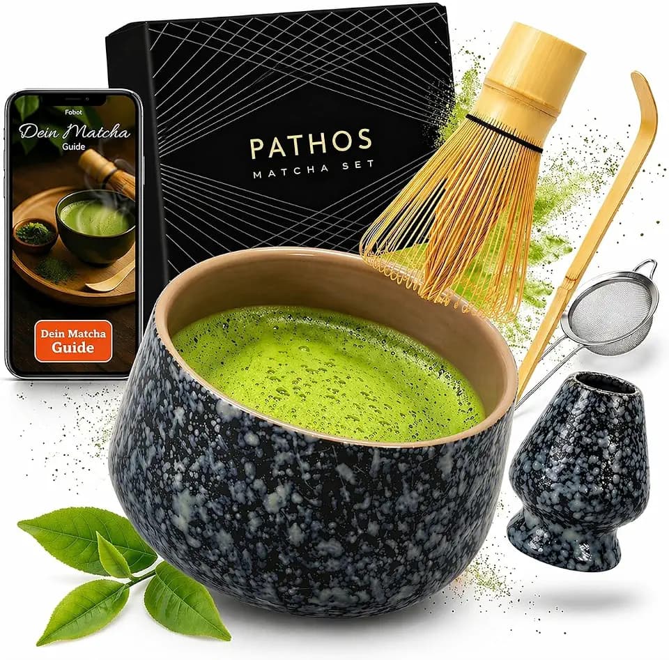Premium Matcha Set aus Keramik - Traditionelles Matcha-Set mit Matcha Besen und Schale, Sieb und Besenhalter - Macha Tea Set - Matchaset Zubehör Kit ohne Pulver - Whisk Matchabesen (Schwarz)