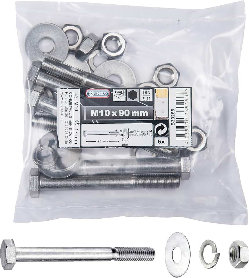 Connex Sechskantschrauben M10 x 90 mm - 6 Stück - Außensechskant-Antrieb - Edelstahl - Für sämtliche Konstruktionen - Inkl. Unterlegscheiben, Federringe & Muttern / Schrauben-Sortiment / B30265