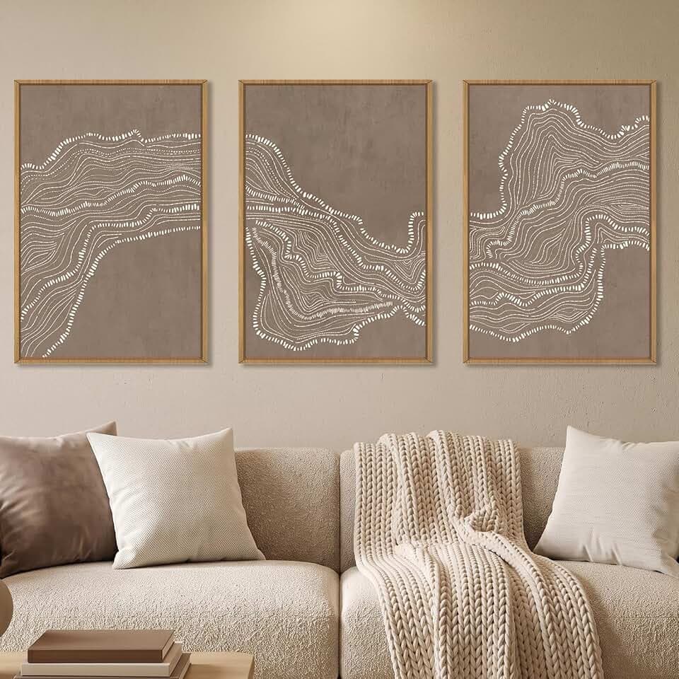 Abstract Neutral Wave Line Framed Canvas Wall Art Set-16"x24"x3
