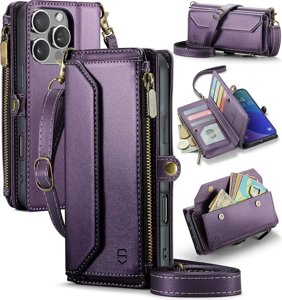 Strapurs for iPhone 16 Pro Max - Zipper Strap Wallet Case for Women, Purple