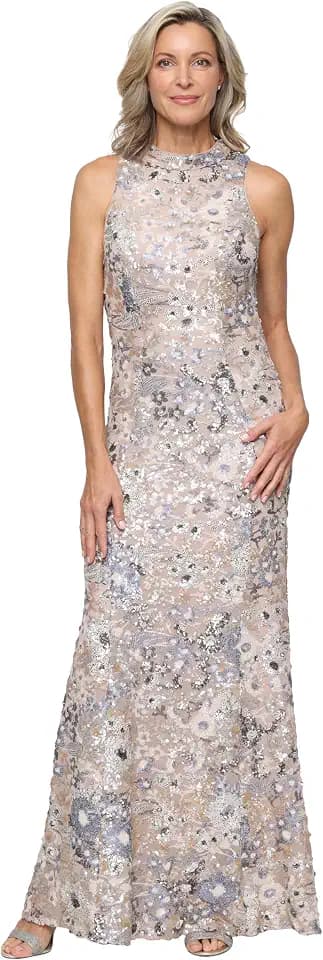Alex Evenings Women's Long Sleeveless Sequin Mother of The Bride Gown with Mock Neck