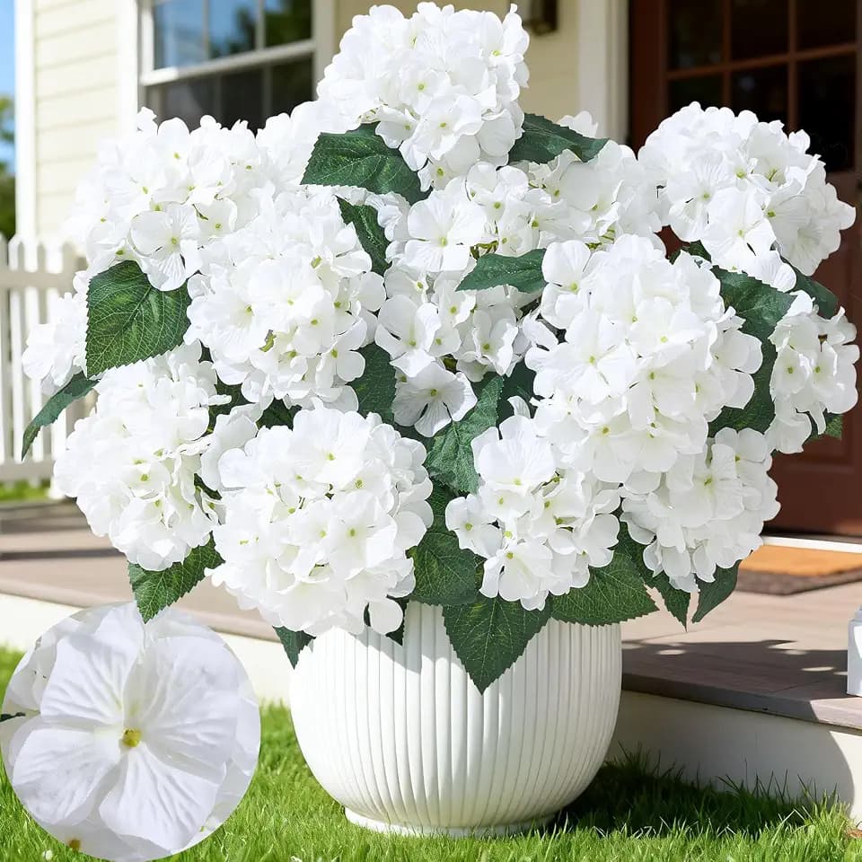 24 Heads Artificial Flowers for Outdoors, UV Resistant Faux Hydrangea Flowers for Outdoor Planters Front Porch Garden Window Box Patio Decor （White）