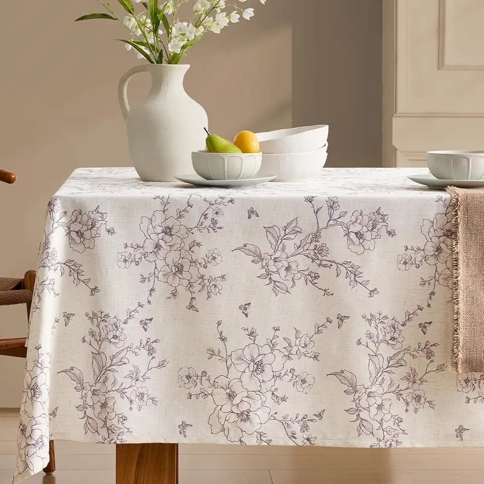 Floral Tablecloths Rectangular Linen Tablecloth with Purple Flowers Pattern