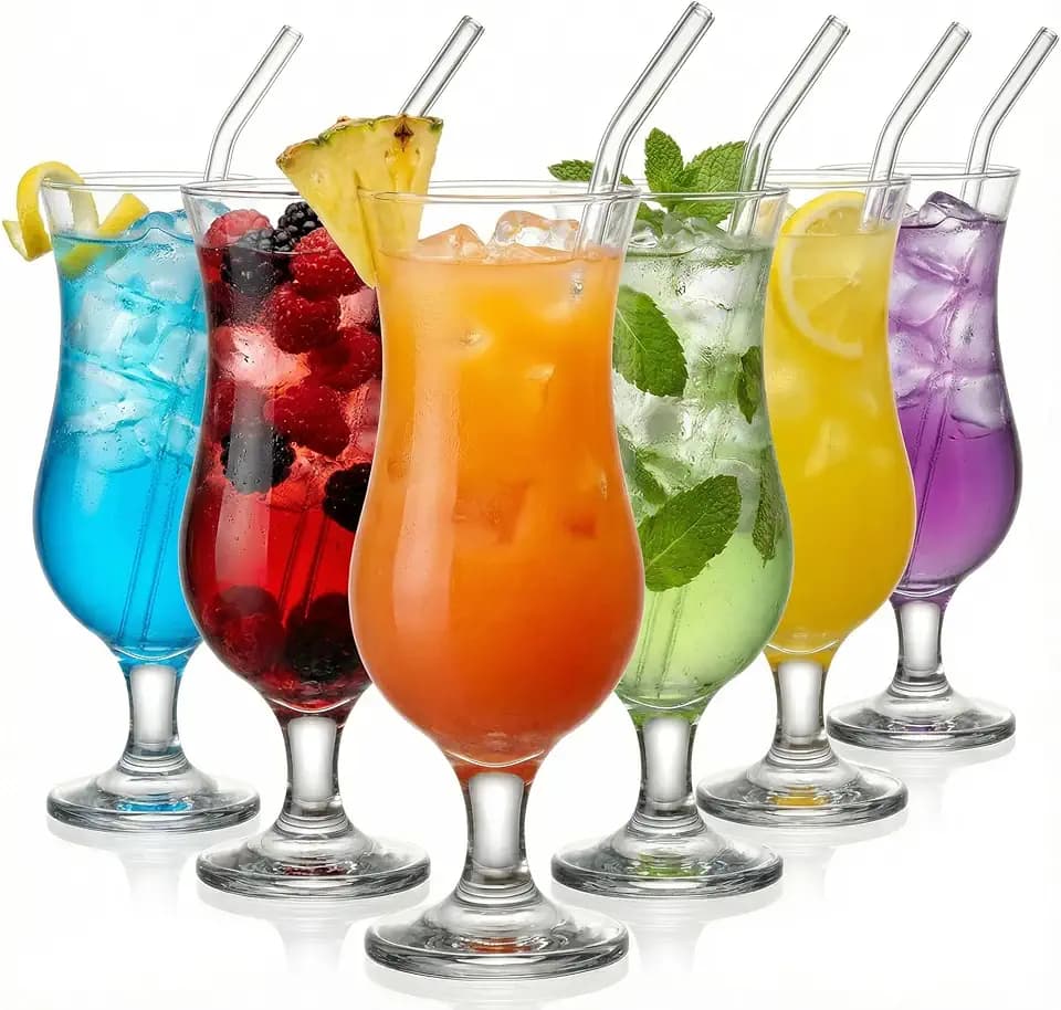 Large Hurricane Glass + Straw Set Of 6 Pcs 12.8 Oz / 380 Ml Milkshake, Mojito, Margarita, Sangria, Pina Colada Glasses, Stemmed Big Coupe Glassware