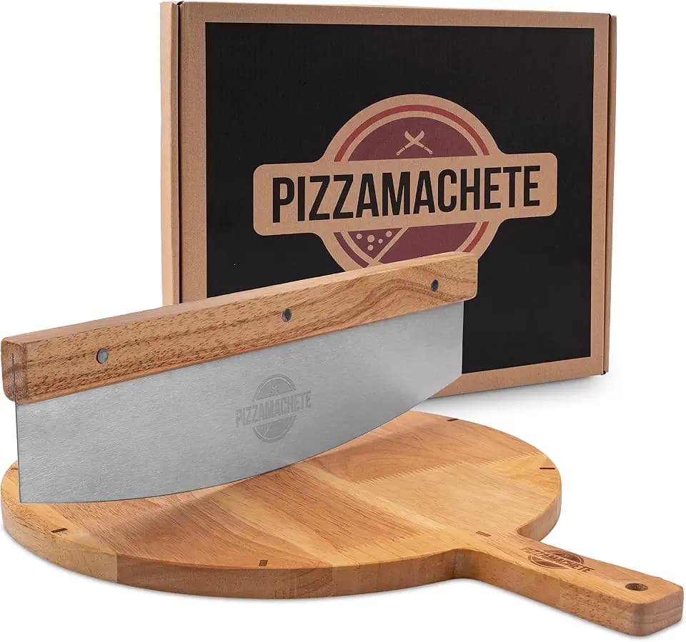 PIZZAMACHETE Pizzaschneider + Pizzabrett , Pizza Set bestehend aus Wiegemesser und Pizzaschneidebrett, -Zubehör mit Cutter aus rostfreiem Edelstahl, Bretter Holz-Griff