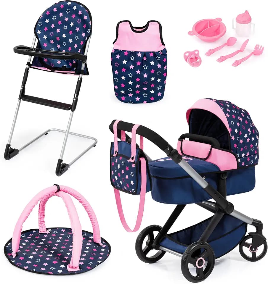 Bayer Design 17016AD Puppenwagen Xeo, Verstellbarer Griff, Schwenkschieber, wandelbar als Jogger, Schlafsack, Hochstuhl, Spielbogen, Puppenzubehör, 73x37x68 cm