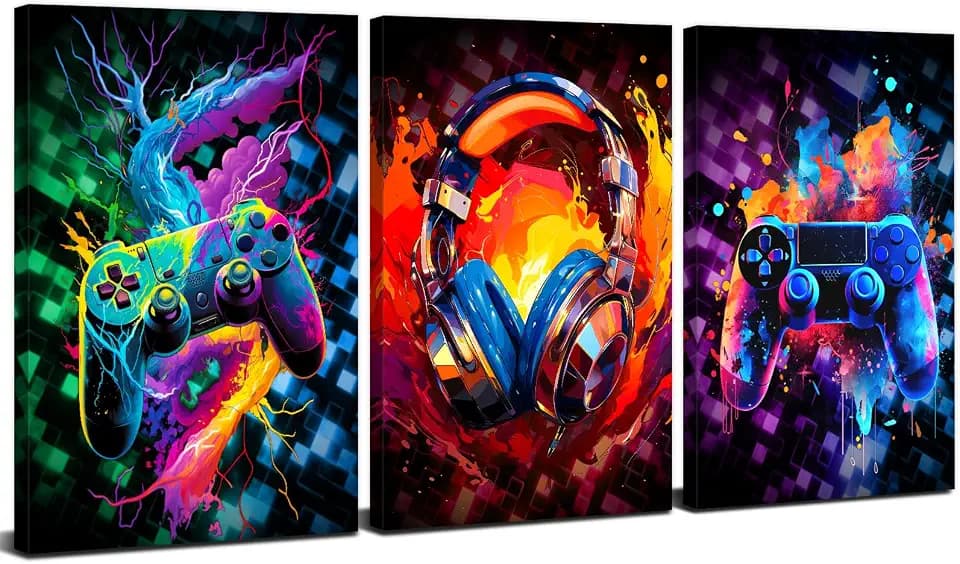 Cool Gaming Canvas Wall Art Graffiti Gamer Room Decor for Teen Boys Playroom Street Pop Cyberpunk Wall Decor Mens Bedroom Gamepad Headphones Game Pictures Living Room Home Decorations 12x16"3 Pieces