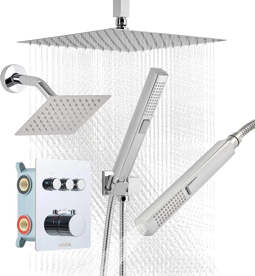 VEVOR Shower Faucet Set, 12 Inch Thermostatic Ceiling Mount Rainfall Shower System with 6 Inch Wall Mount Head and 2 in 1 Handheld Spray, 3-Function Dual Rain Head Brass Valve and Trim Kit, Chrome