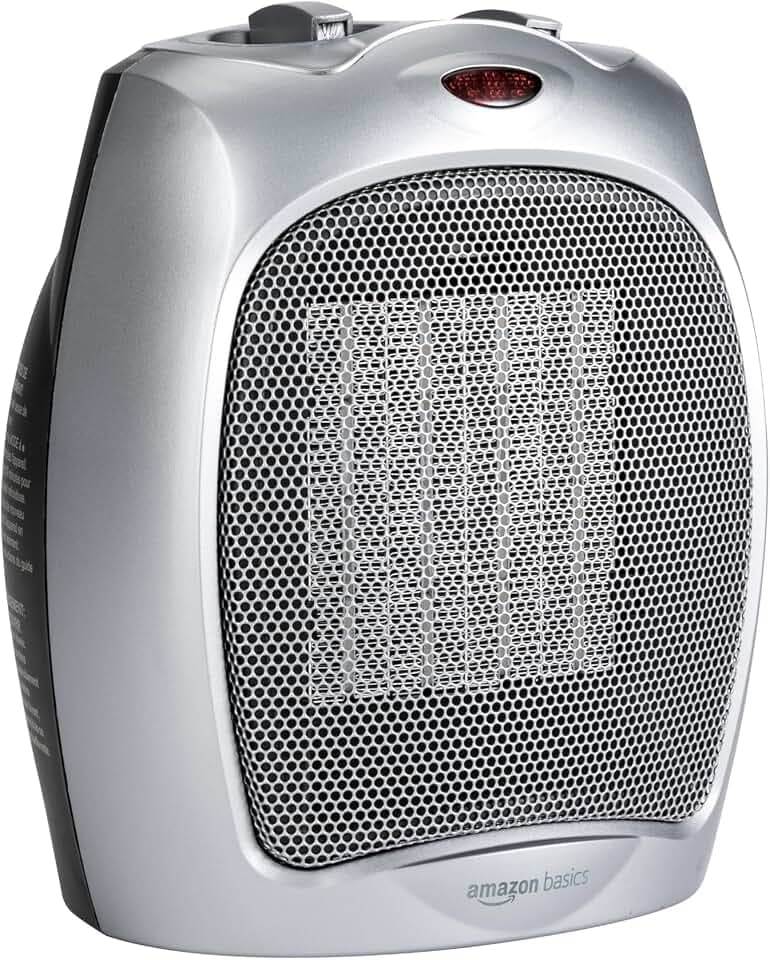 Amazon Basics Keramik-Standheizung, 1800 W, mit verstellbarem Thermostat - Silberfarben