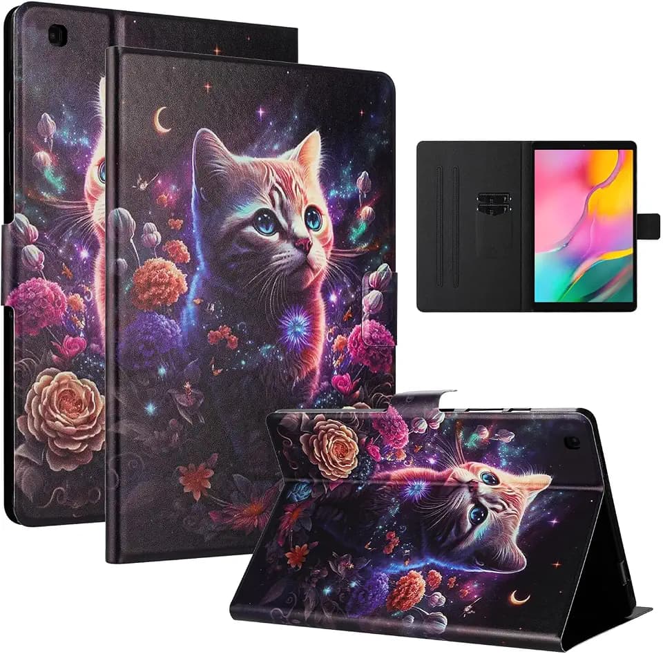 Hülle für Samsung Galaxy Tab A 10.1 Zoll (2019) PU Leder Schutzhülle mit Kartenfächern und Standfunktion Tablet Cover für Galaxy Tab A(SM-T510/SM-T515),Blumenkatze