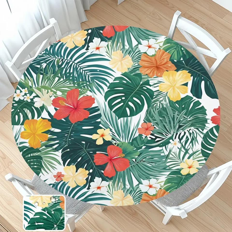 Hawaiian Tropical Round Fitted Tablecloth with Elastic Edge Summer Palm Leaf floral Circle Table Cloth for 40-44" Tables Wipeable Waterproof Hawaiian Luau Leaves Table Cover for Outdoor Picnic Party