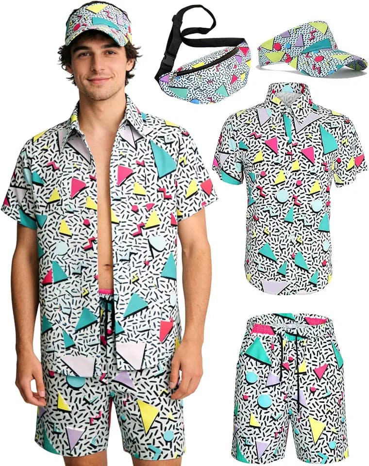 kasahara 80er Jahre Verkleidung Herren 90er Jahre Verkleidung Hawaiihemd und Shorts mit Bauchtasche, Visierhut, Karneval und Faschingskostüm für 80er 90er Jahre Party, Musikfestival