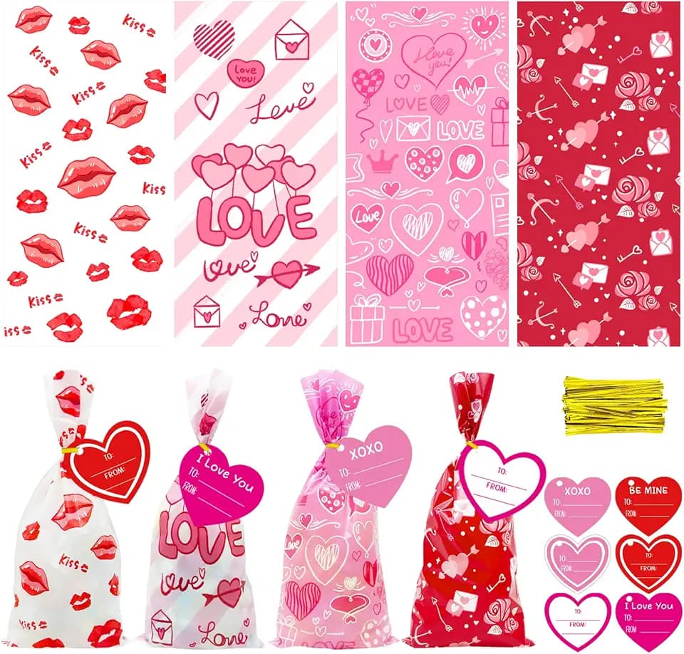 AouEtnay 120 Pieces Valentines Day Cellophane Treat Bags Valentines Candy Bags, 4 Assorted Styles Valentine Treat Bags with Cards Ties for Valentine's Day Party Favor Supplies