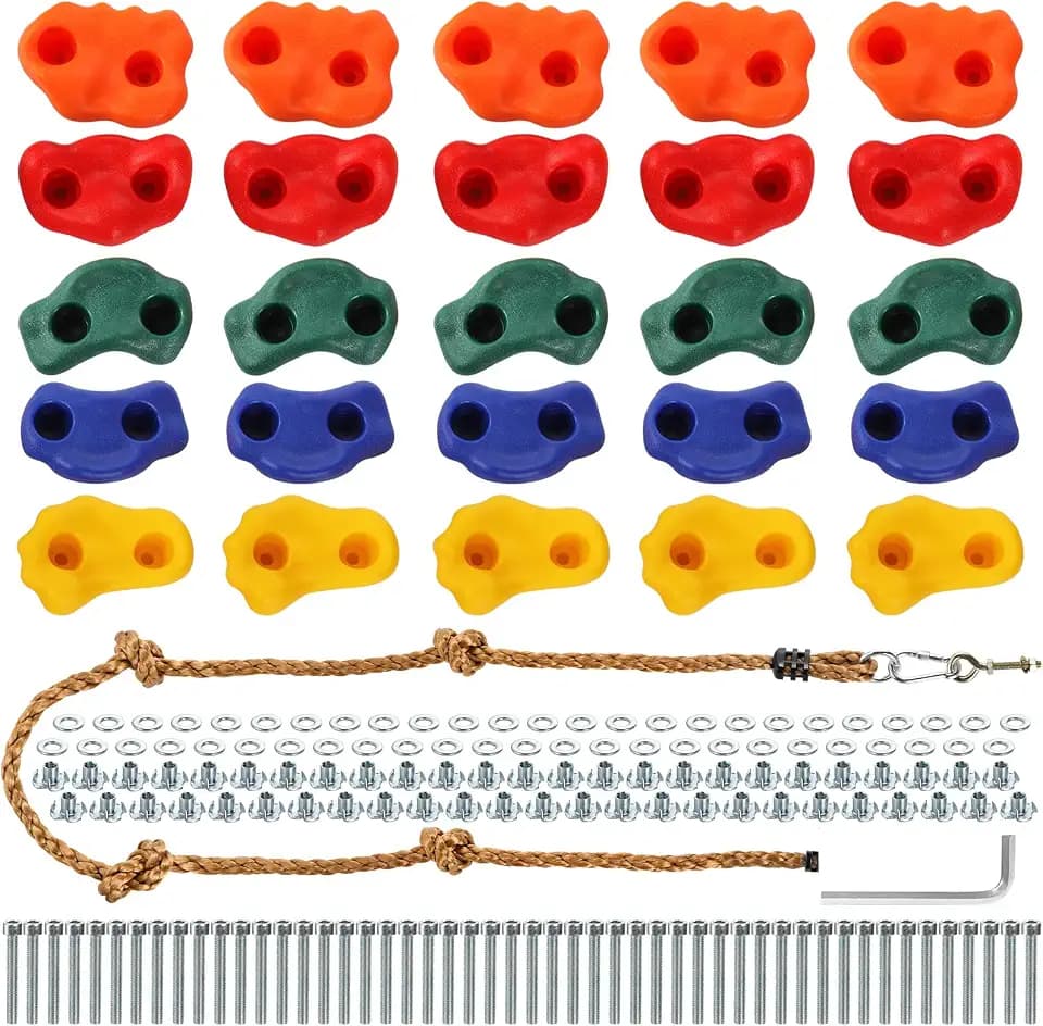 ZENFUN 25 Packs Rock Climbing Holds, Indoor & Outdoor Rock Wall Climbing Kit, Multi-Colored Climbing Rock Wall Grips with Mounting Hardware, Knotted Rope（Added 4 Sets of Spare Screws）
