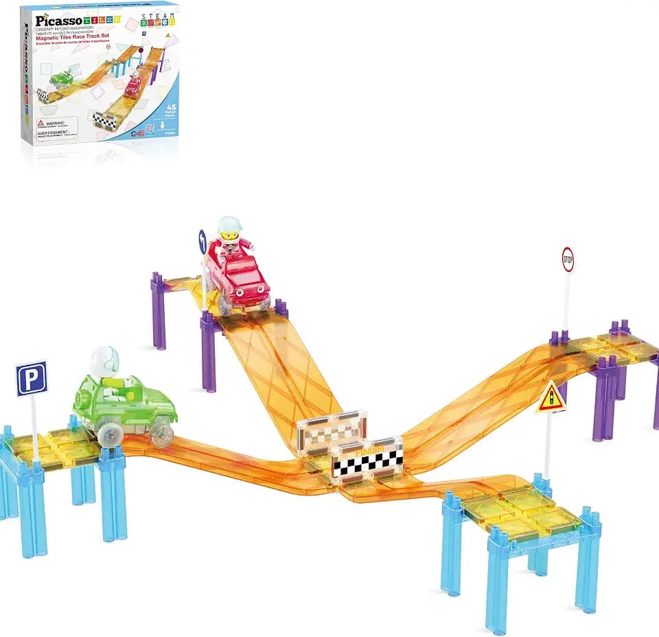 PicassoTiles Magnetische Rennbahn, Auto, Rutsche, Magnet, Bausteine, Fliesen, sensorisches Spielzeug für Kinder, Kleinkinder, inklusive Lastwagen, Actionfiguren, STEM-Lernset, Rennen, Schule, Alter 3