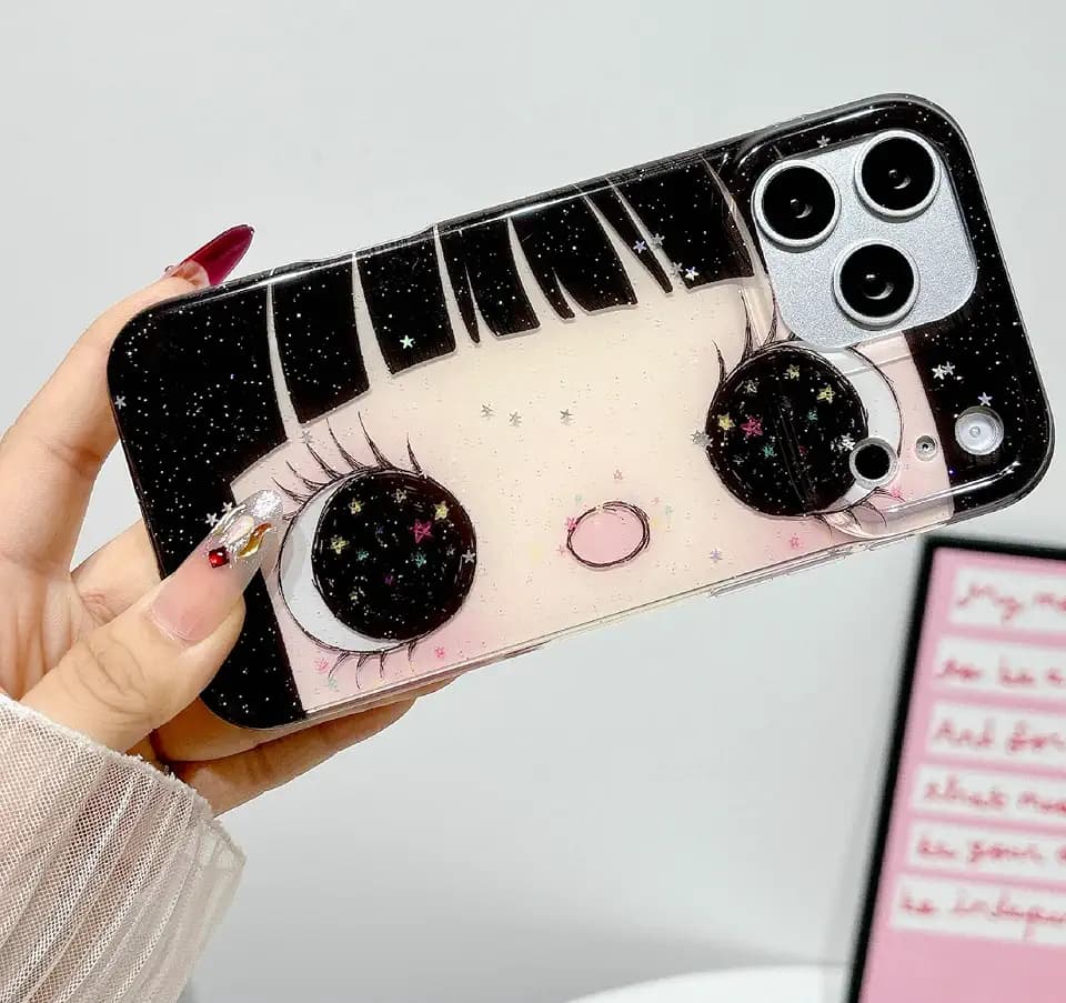 Compatible with iPhone 18 Pro Case 17 Pro Case, Cute Kawaii Anime Big Eyes with Glitter Stars, Sparkle Bling Soft TPU Shockproof Protective Cover for Women Girls