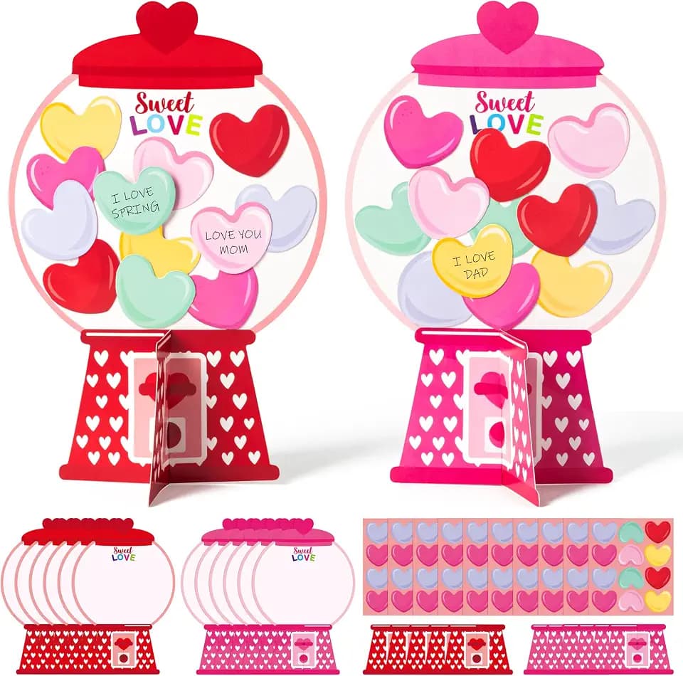 WATINC Valentine’s Day Gumball Machine Craft Kits - 24Pcs DIY Valentines Heart Bubble Gum Machine Paper Decorations with Candy Cards for Kids Adults, Classroom Valentine Crafts & Party Decor (Circle)