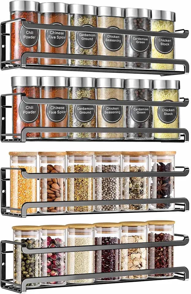 Gewürzregal Wand 4 Etagen, selbstklebend ohne Bohren Küche Schrank | Kohlenstoffstahl, Robust und langlebig, Platzsparend, Küchenorganizer, Gewürz Aufbewahrung, Vielseitig, Schwarz