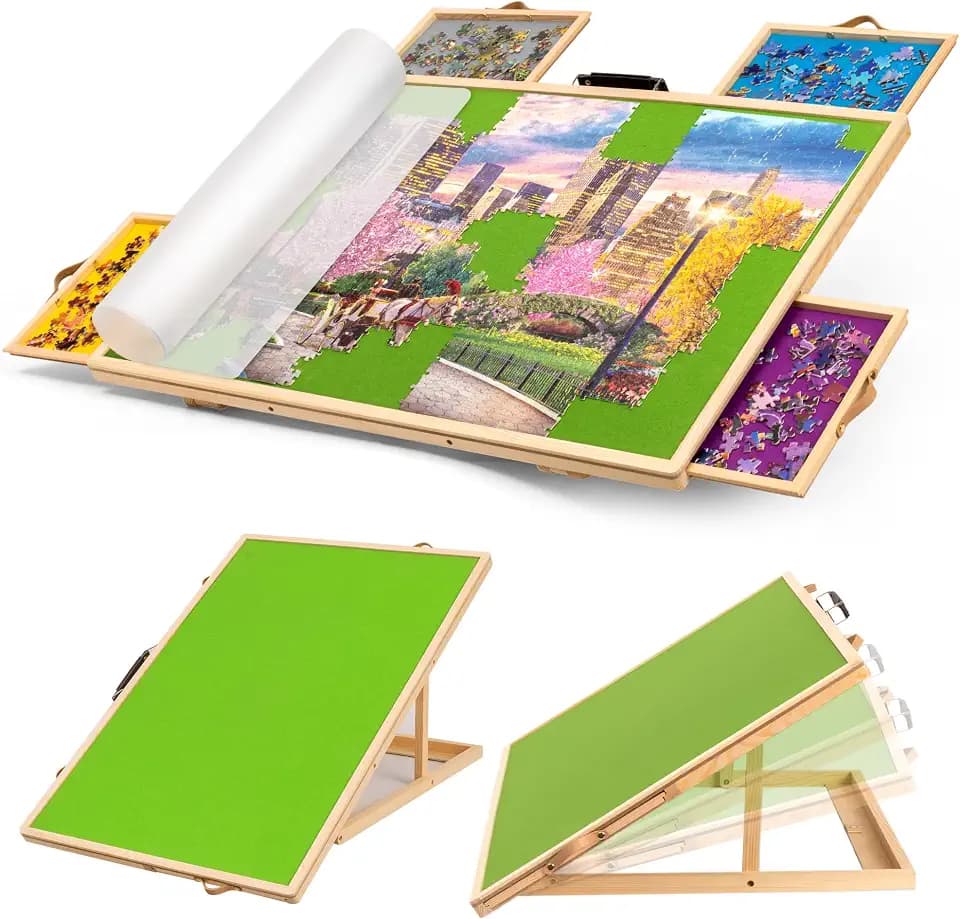 Tektalk Convertible Jigsaw Puzzle Board, Two-Way Use Adjustable Puzzle Table with Cover & 4 Colored Sorting Drawers, Tilting Wooden Plateau, for Up to 1000 Pieces (Green)