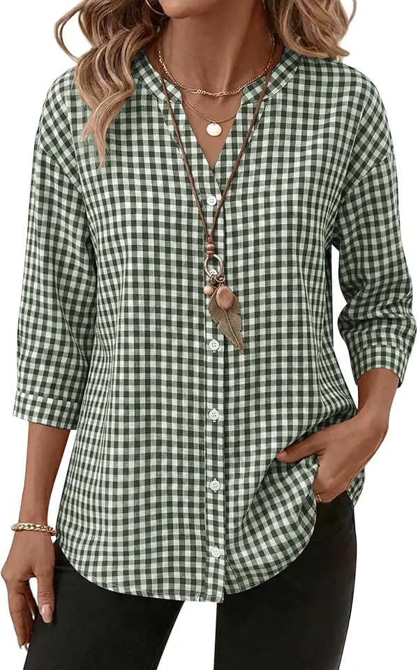LOMON Womens 3/4 Sleeve Button Down Shirts Checkered Plaid Striped Cotton Tops V Neck Casual Loose Blouse