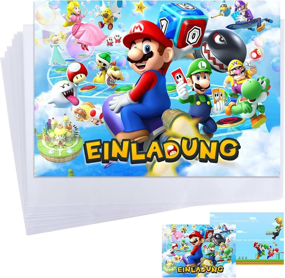 Super Mario Einladungskarten Kindergeburtstag 12er Set, Super Mario Einladungskarten Kindergeburtstag Junge Mädchen, Einladungskarten Geburtstag Deutsch für Super Mario Themed Party